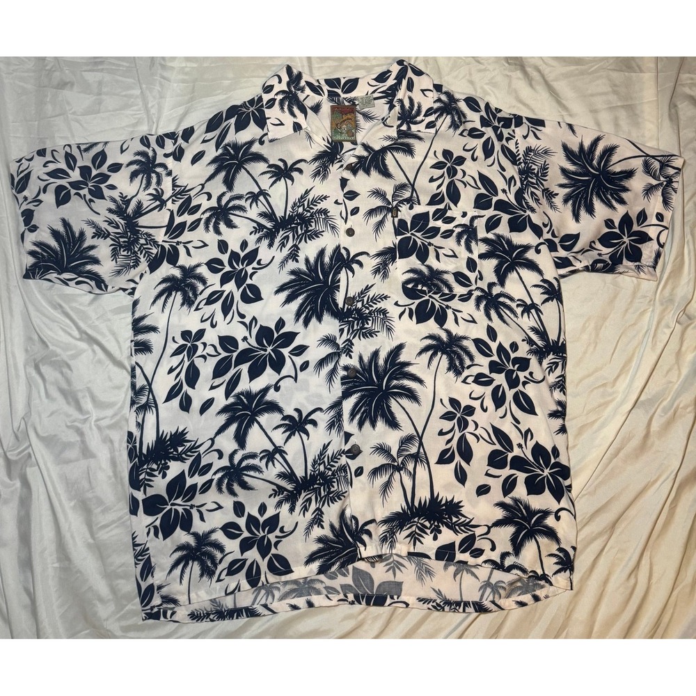 Pineapple Connection‎ Vtg Hawaiian Shirt Large White Blue Tropical Palm Rayon